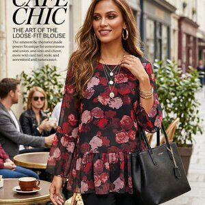 BCBGeneration Long Sleeve Floral Lined Ruffle Tunic Top Blouse